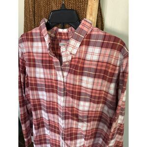LL Bean Mens Red Maroon Plaid Button Down Collard Shirt- XL